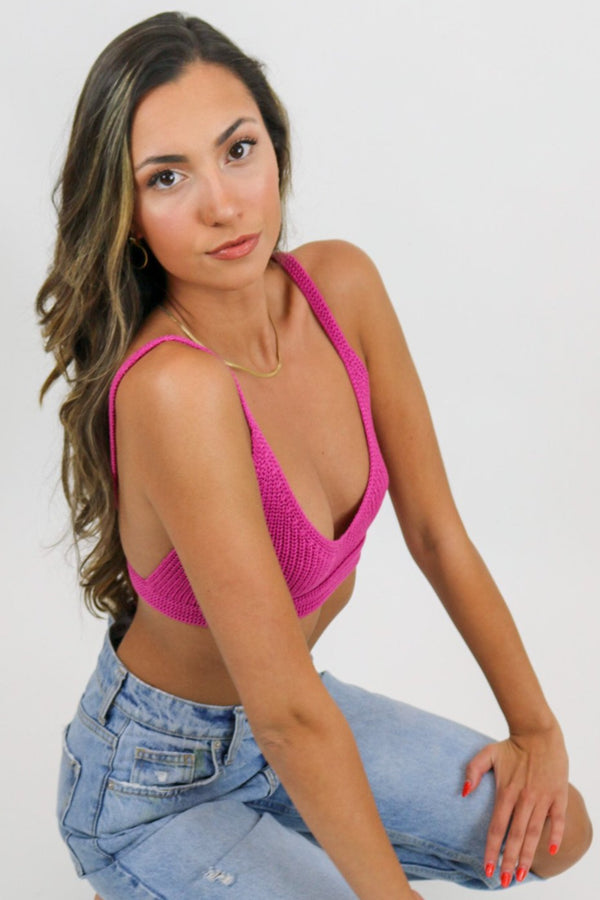 Knit Tie Bralette Top | Hot Pink