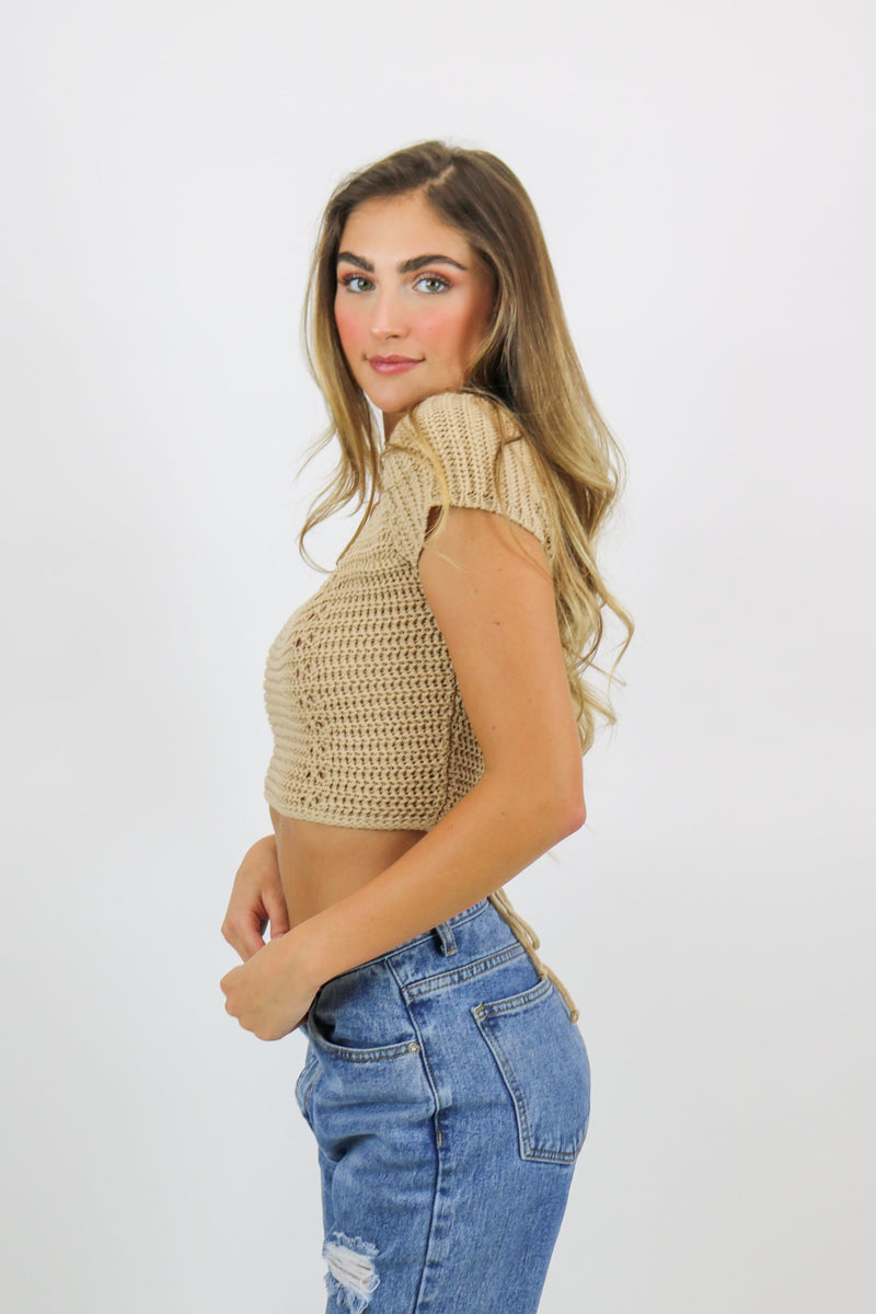 Sandy Knit Lace Up Top | Beige