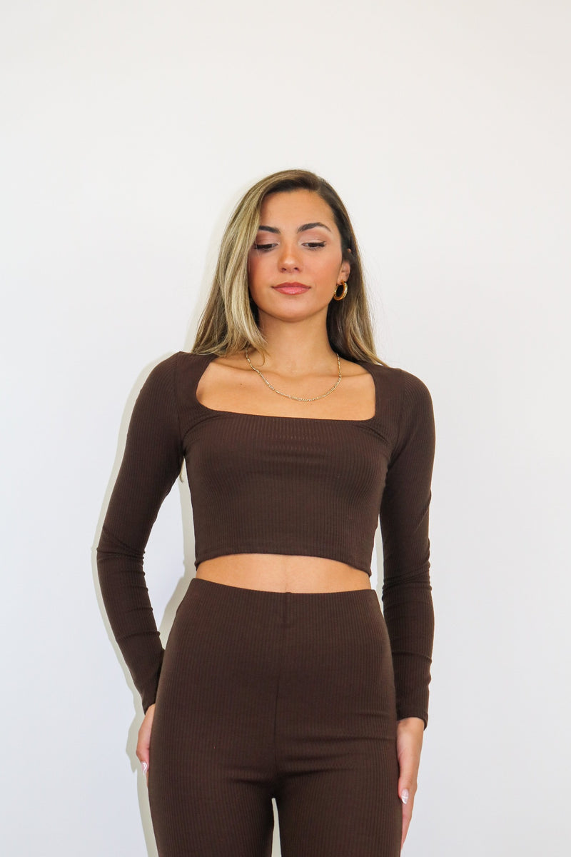 Ribbed Scoop Neck Top | Brown