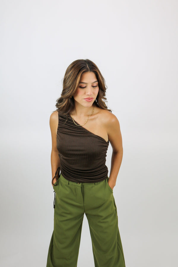 Camilla One Shoulder Knit Top | Brown