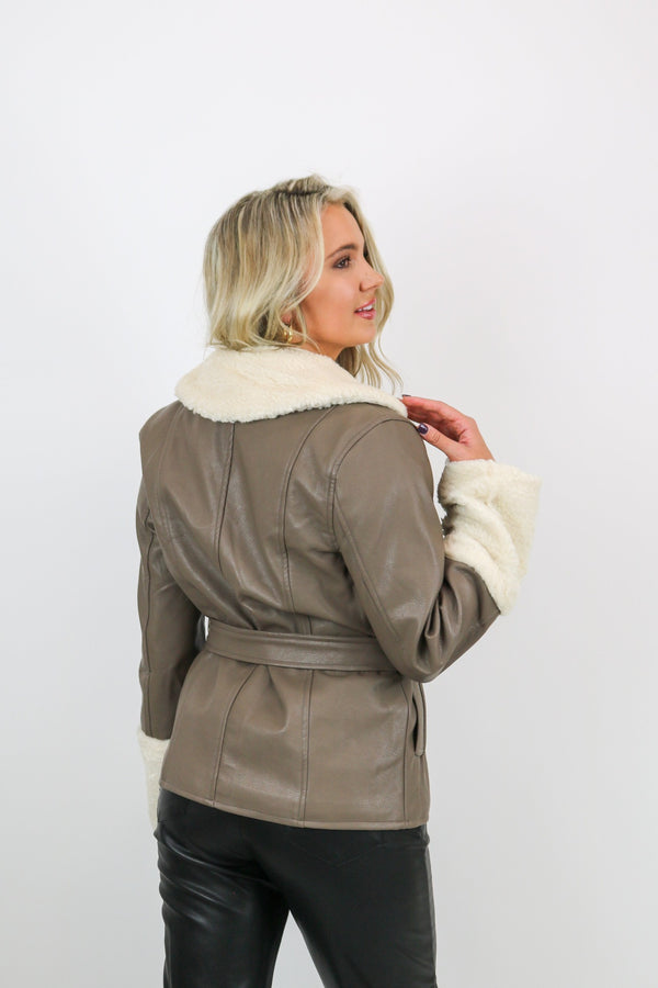 Bear Belted Faux Shearing Coat | Taupe