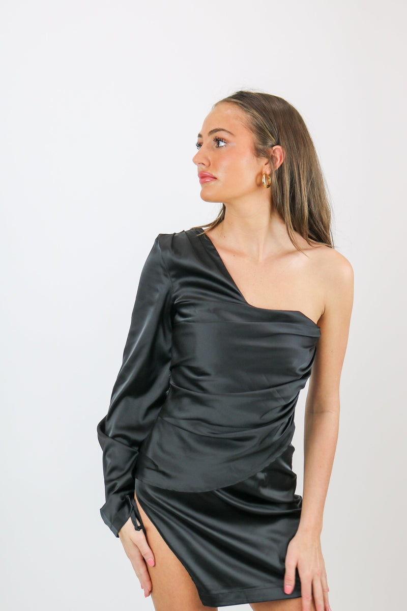 Love Notes Satin Mini Dress | Black