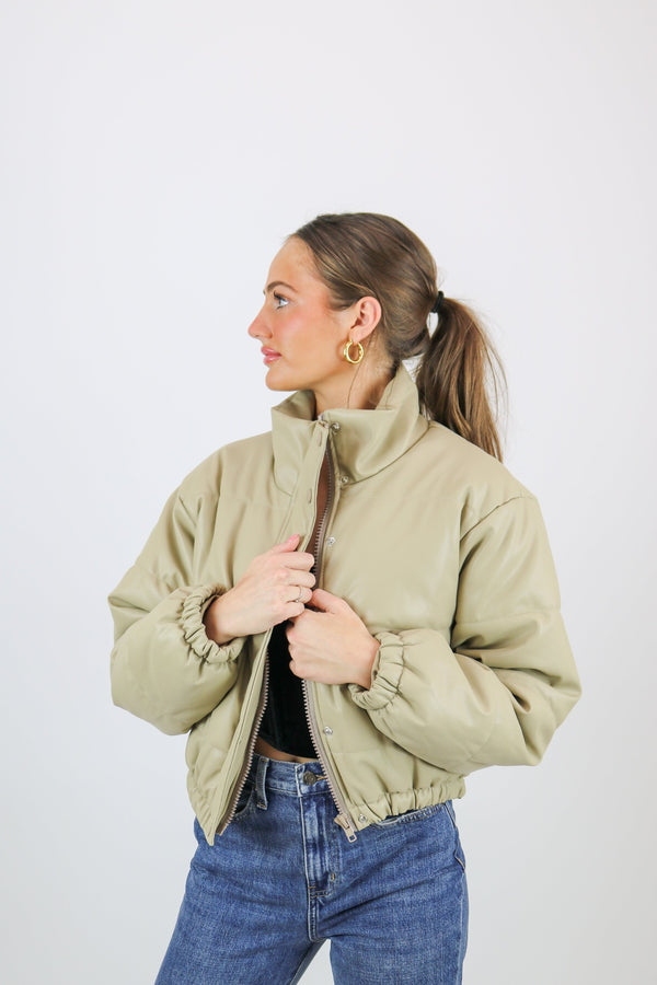 Fletcher Faux Leather Puffer Jacket | Taupe