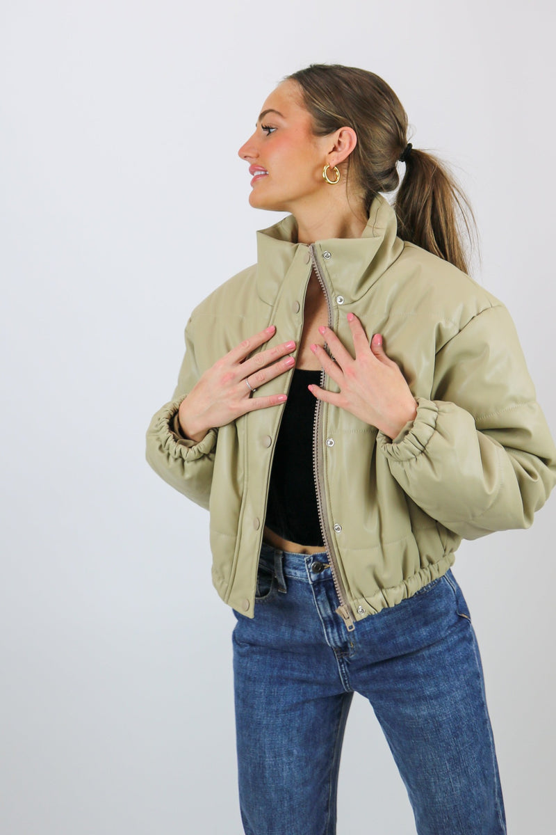 Fletcher Faux Leather Puffer Jacket | Taupe