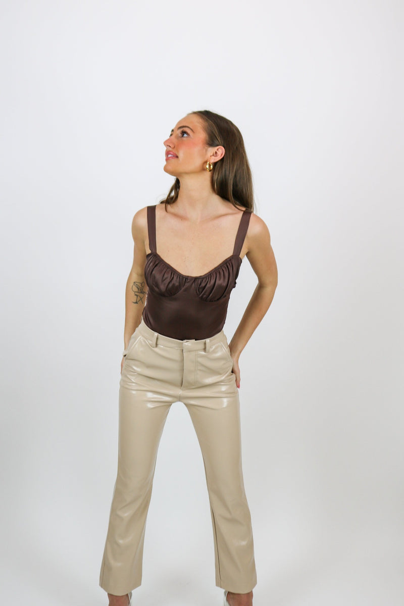 The Ruched Cup Satin Bodysuit | Brown | WeWoreWhat