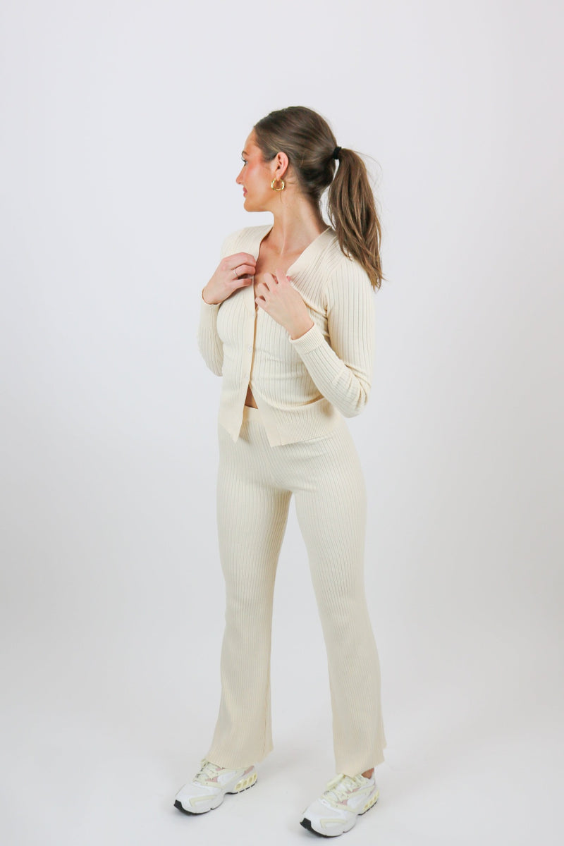 Adele Ribbed Bell Bottom Pants | Cream