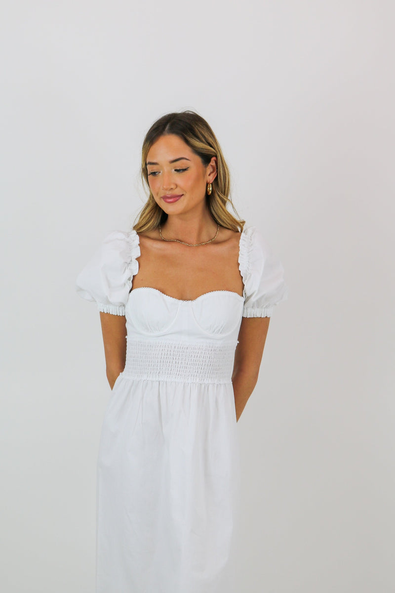 Corset Puff Sleeve Midi Dress | Optic White | WeWoreWhat