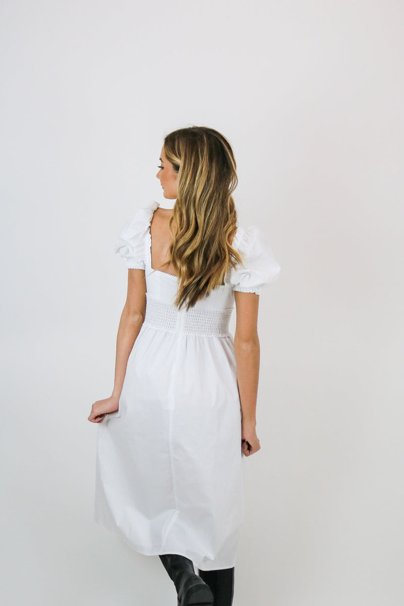Corset Puff Sleeve Midi Dress, Optic White