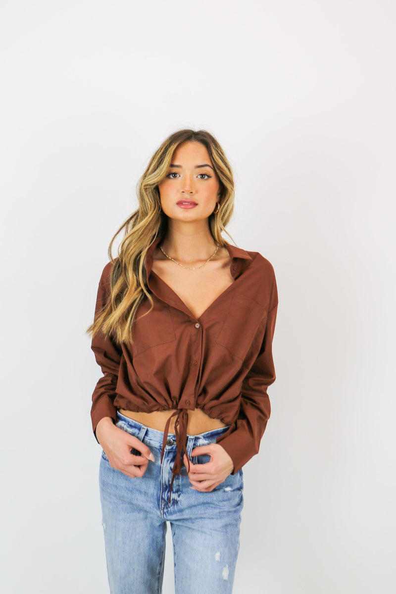 Jane Button Down Woven Top | Brown