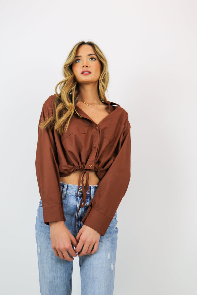 Jane Button Down Woven Top | Brown