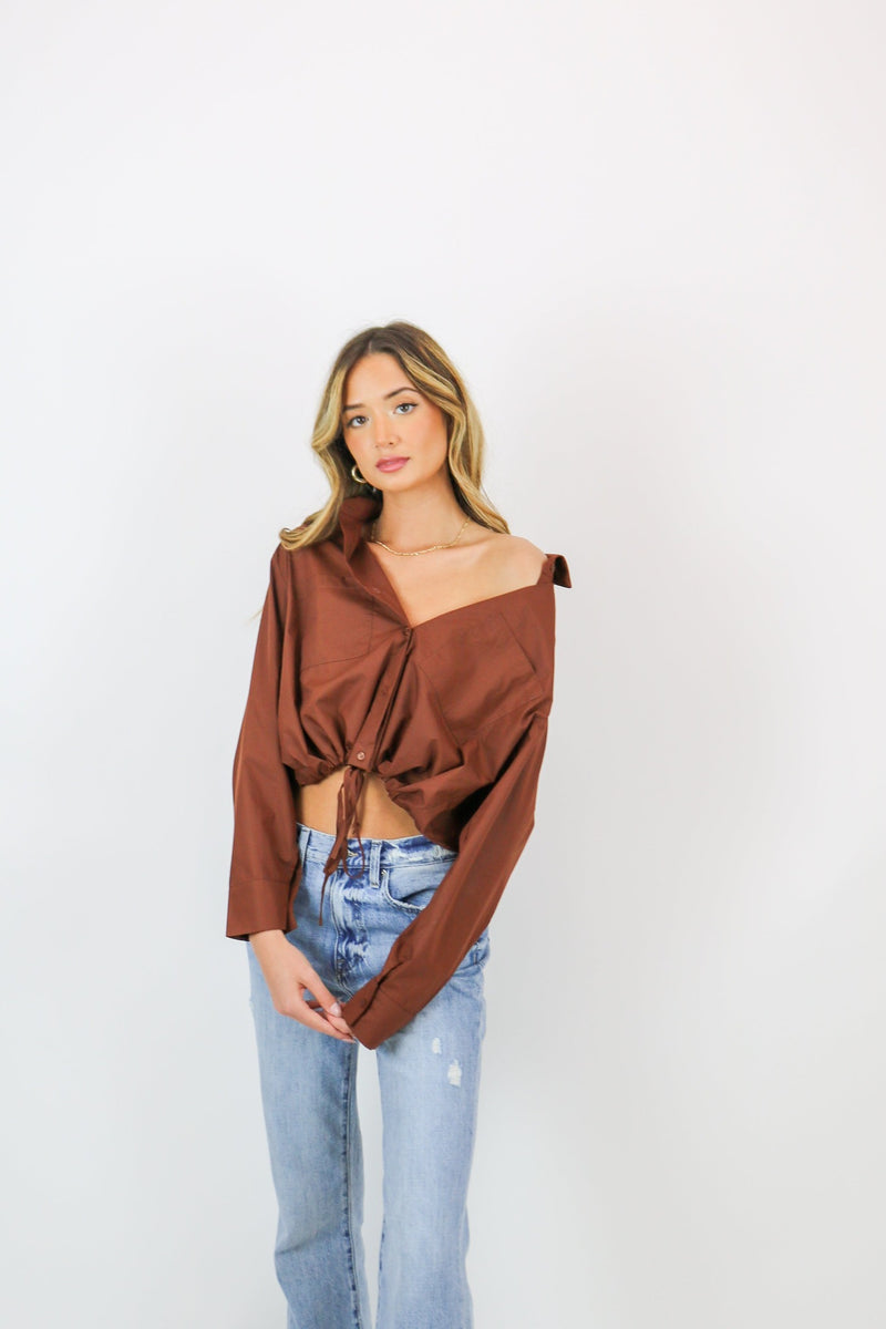 Jane Button Down Woven Top | Brown