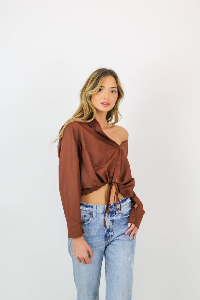 Jane Button Down Woven Top | Brown