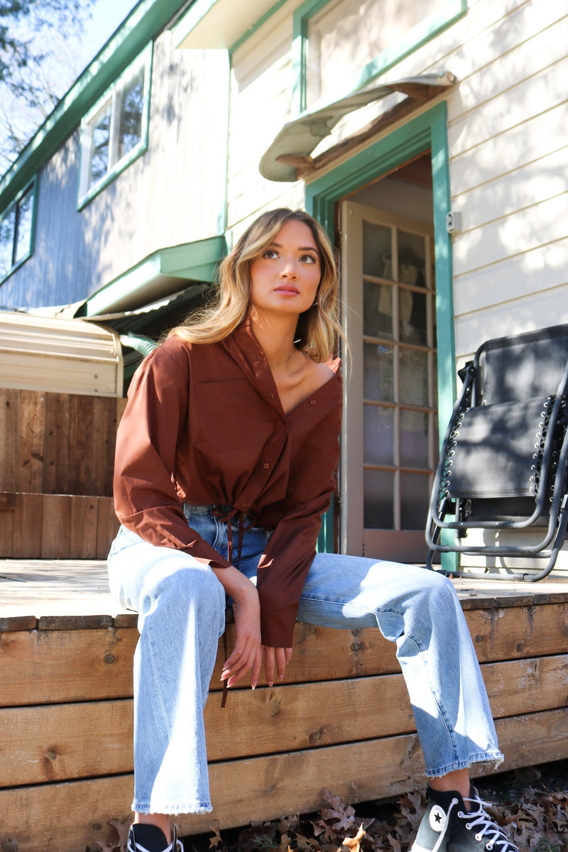 Jane Button Down Woven Top | Brown