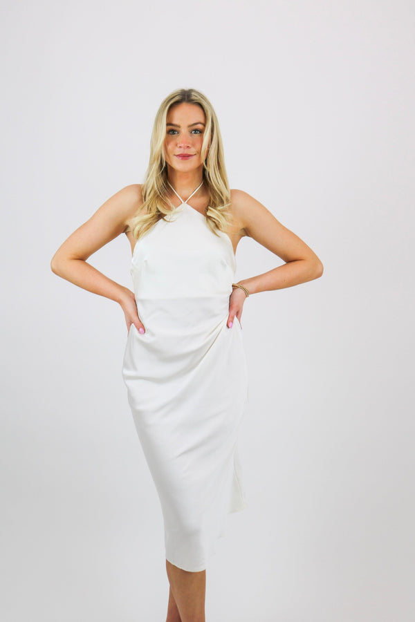 Kit Satin Halter Midi Dress | Pearl