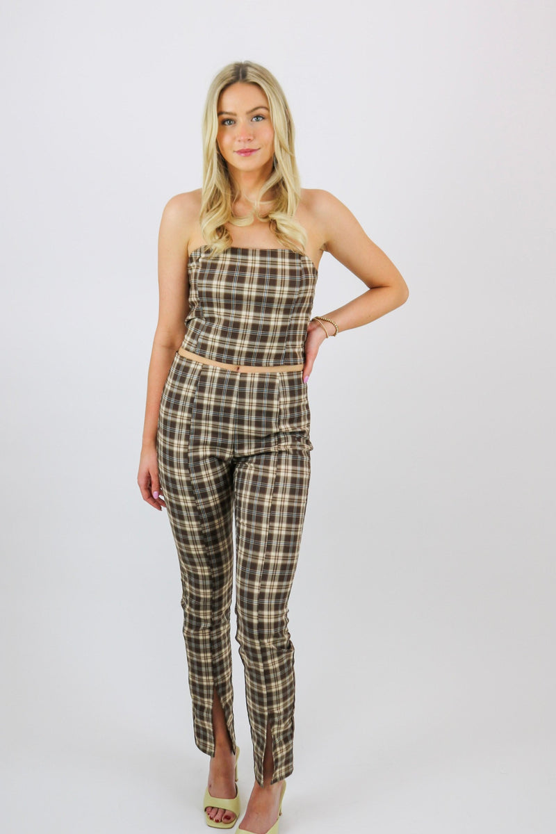 Leah Plaid Pant Set | Brown