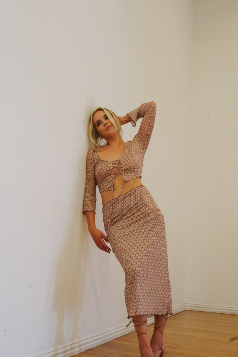 Scallop Trim Mesh Long Skirt | Brown Print