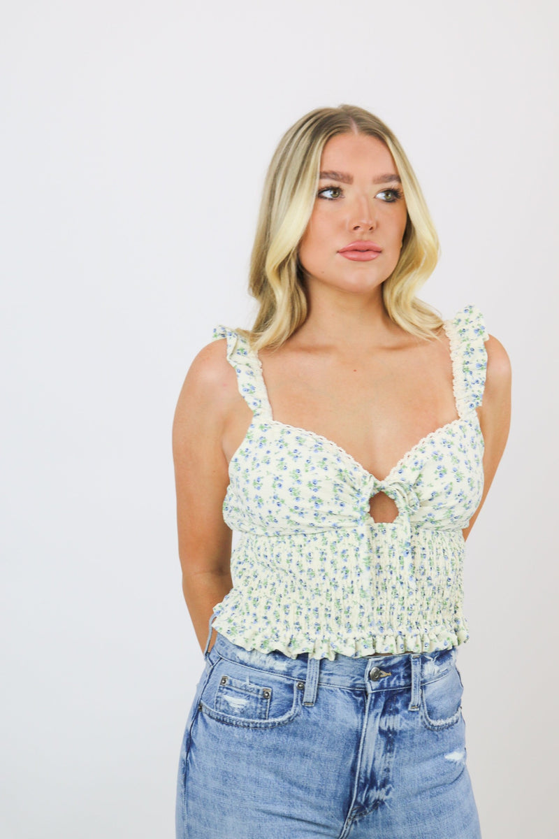 Leo Floral Lace Top | Ivory|Blue