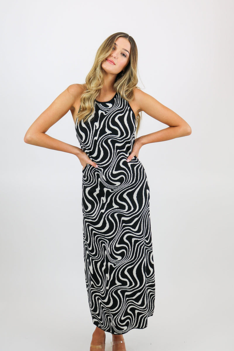 Swirl Knit Midi Dress | Black|White