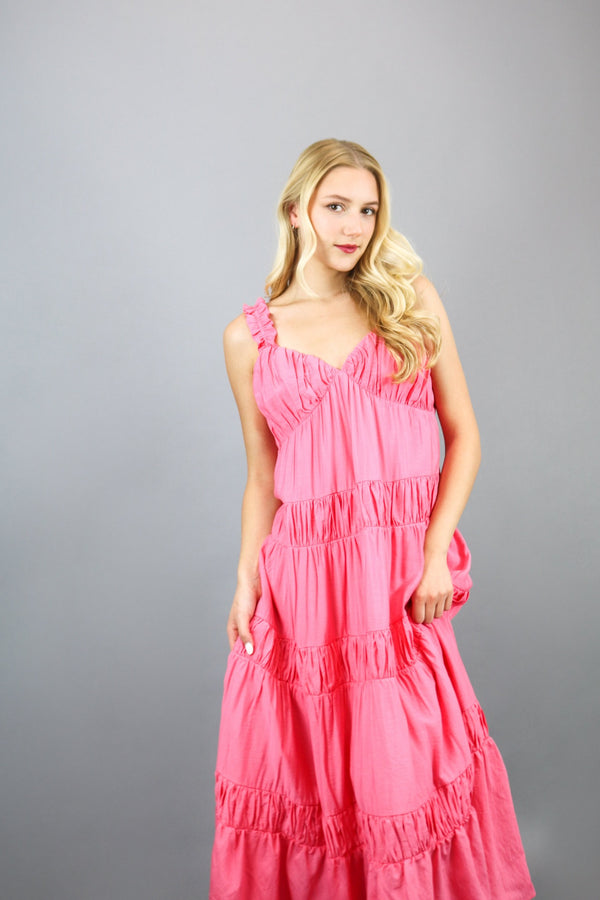 Ruched Layered Sweetheart Maxi Dress | Pink