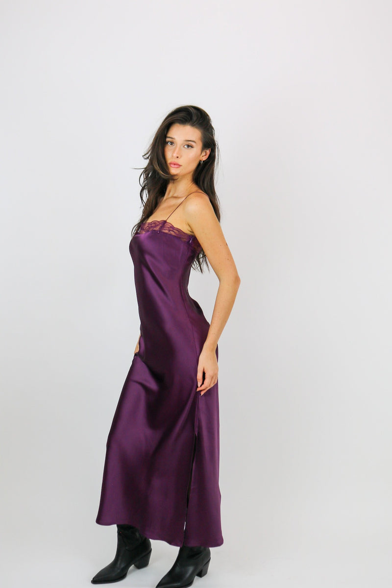 Olivia Satin Lace Midi Dress | Grape