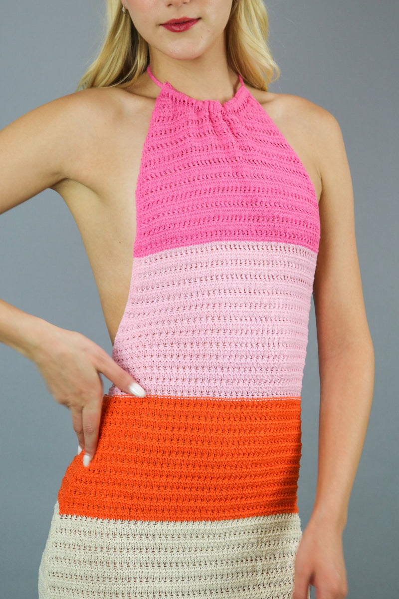 Last Sunset Hour Crochet Mini Dress | Pink|Orange | Peppermayo