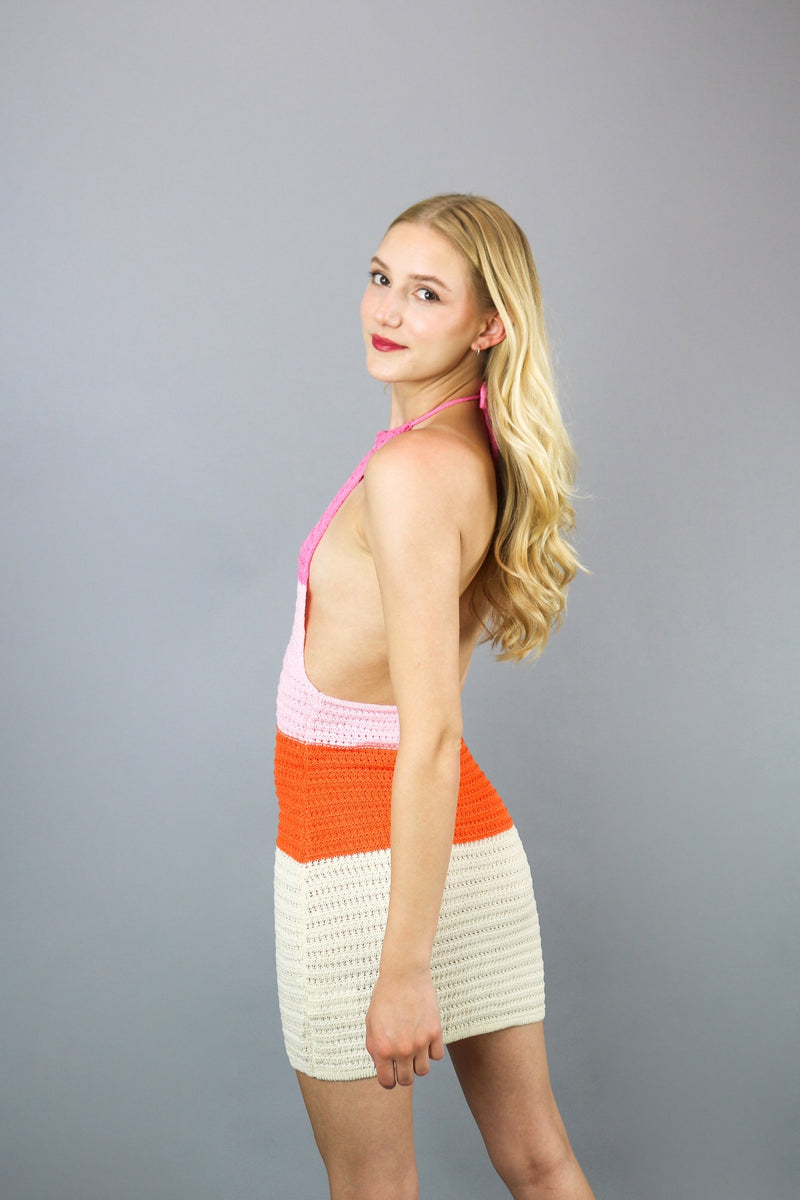 Last Sunset Hour Crochet Mini Dress | Pink|Orange | Peppermayo