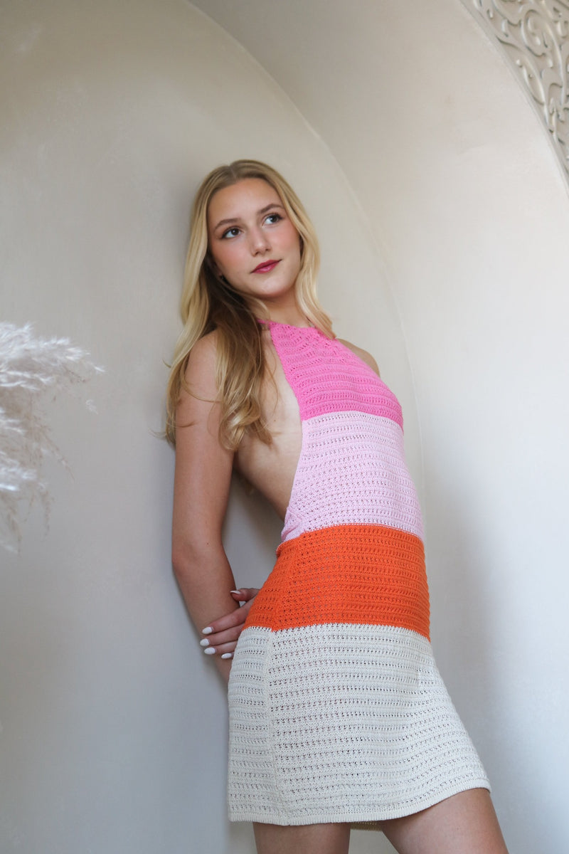 Last Sunset Hour Crochet Mini Dress | Pink|Orange | Peppermayo