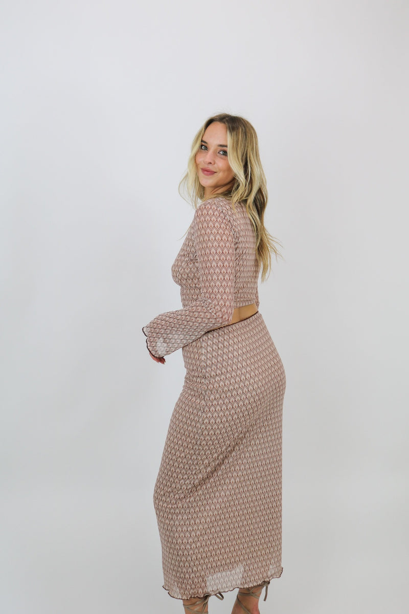 Scallop Trim Mesh Long Skirt | Brown Print