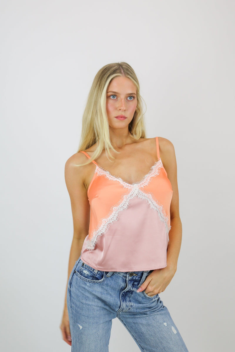 Color Block Satin Cami | Tangerine