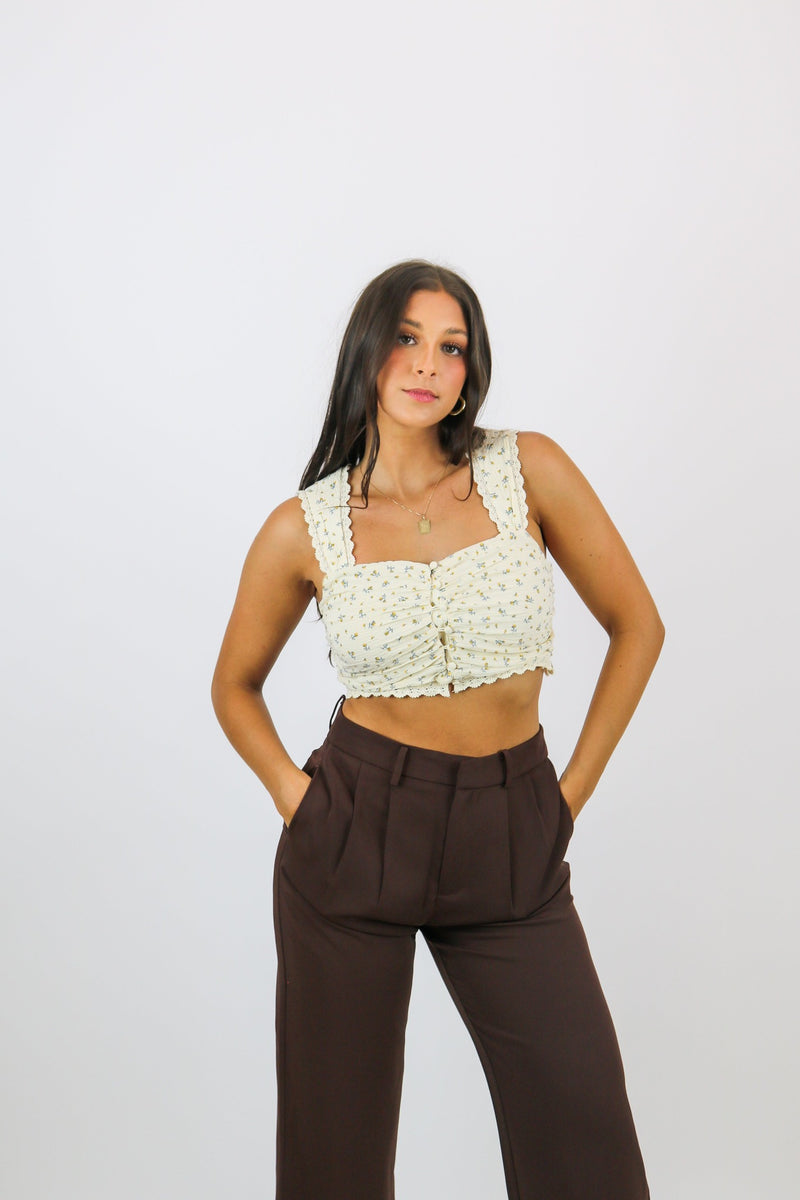 Ray Ruched Lace Top | Yellow Floral